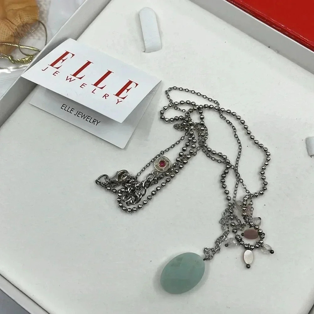 ELLE Sterling Silver Double Strand Amazonite Drop Necklace Created Ruby 16-18in - Picture 8 of 17